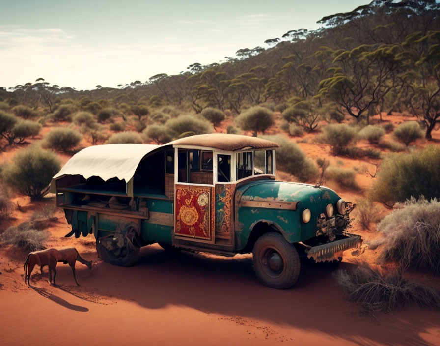 Ornately designed vintage bus in desert landscape with sparse vegetation and dog.