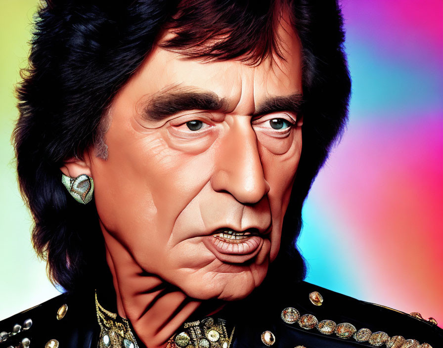 Illustration of man with dark hair and sideburns in black outfit on multicolored backdrop