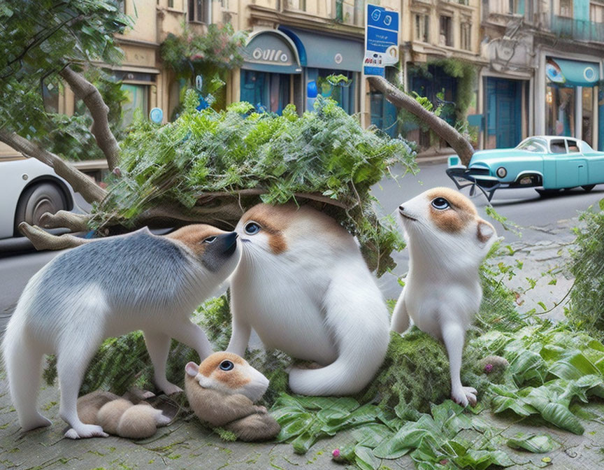 Whimsical corgi dogs with oversized eyes in city street foliage.