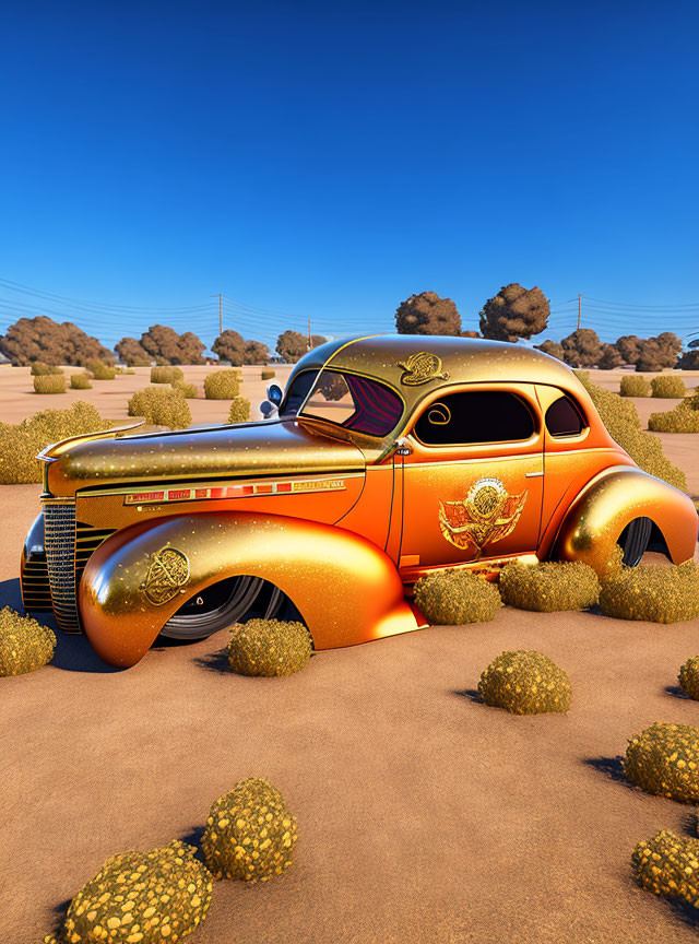 Vintage Orange Car with Custom Patterns on Deserted Road and Clear Blue Sky