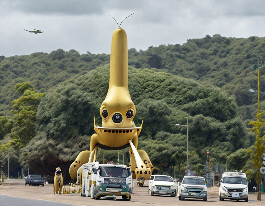 Giant Inflatable Yellow Squid Mascot on Roadside with Passing Cars