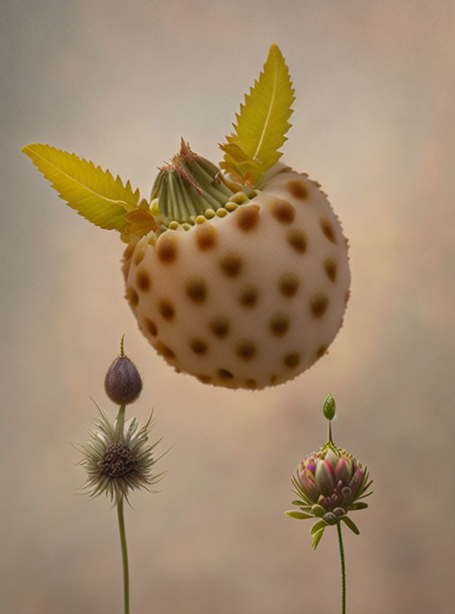 White Strawberry with Yellow Seeds and Green Leaves on Warm Background