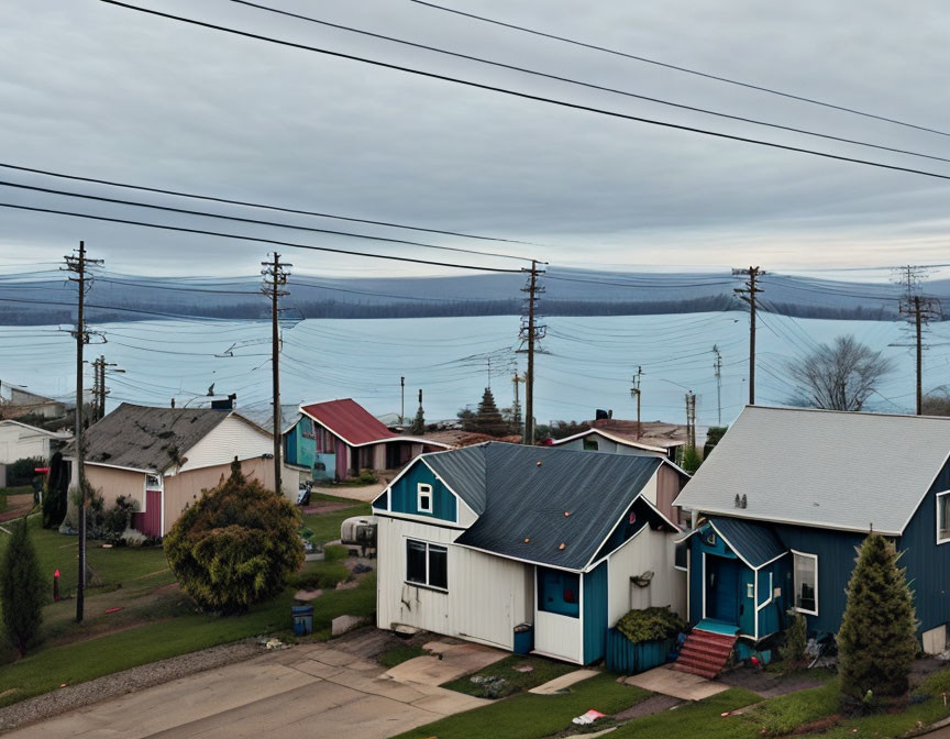 Colorful Suburban Homes with Overcast Sky and Lake View