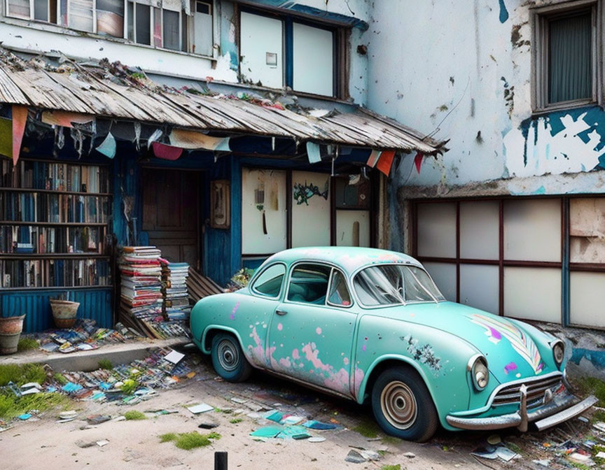 Vintage Car with Turquoise and Pink Paint Splatters Parked by Dilapidated Building