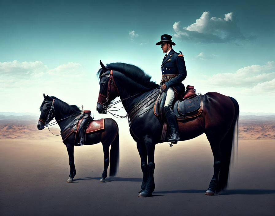 Uniformed rider on horse in desert under dramatic sky