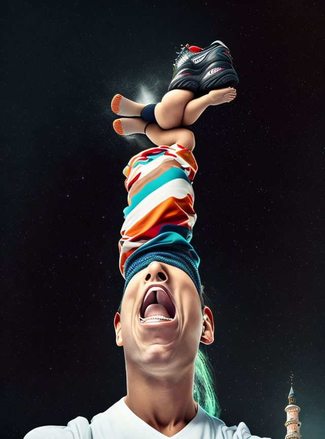 Green-haired person balancing tower of clothes on head with sneaker on top