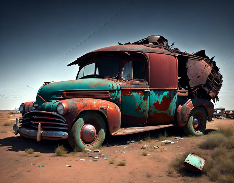 Rusting pickup truck with peeling paint in arid landscape