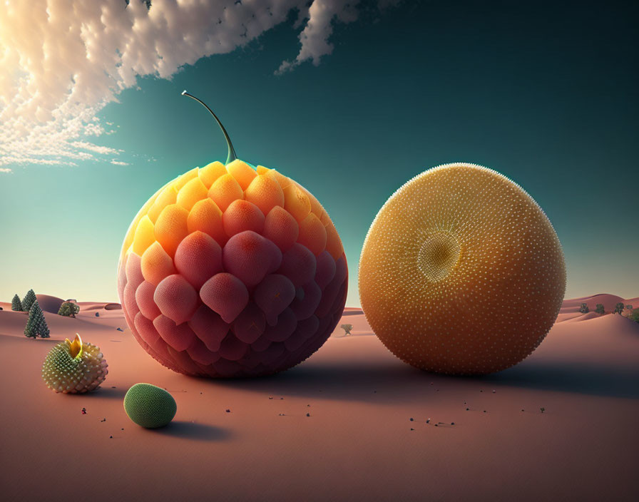 Surreal landscape with fruit-like spheres in desert setting