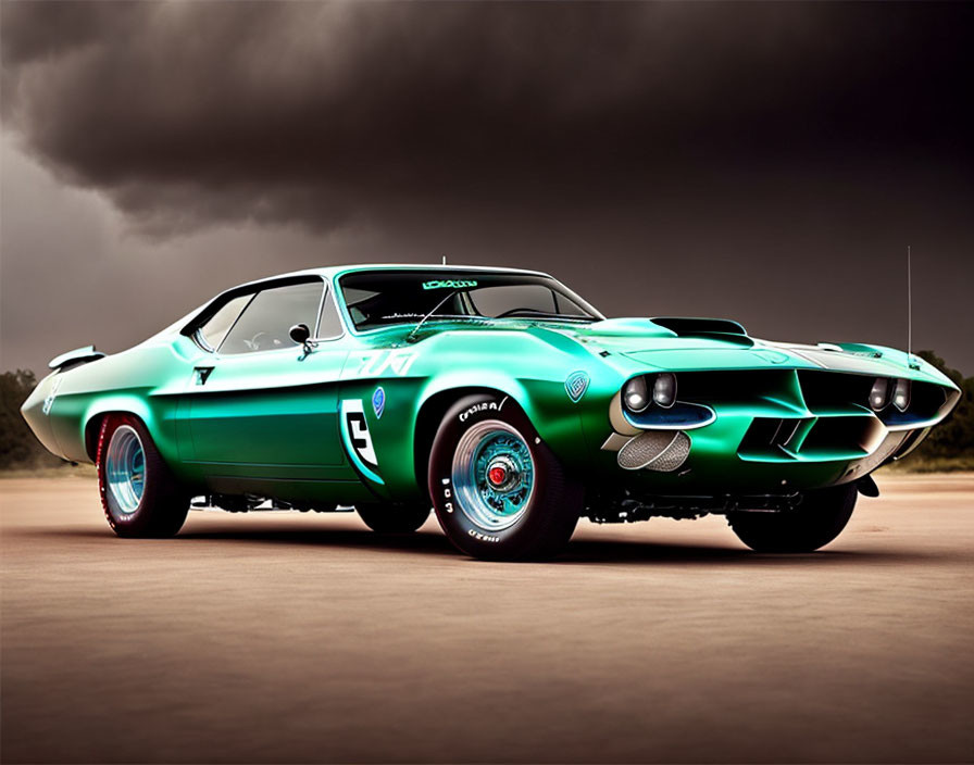 Green Muscle Car with Custom Body Kit and Racing Stripes Parked Under Cloudy Sky