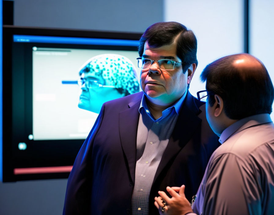 Two men discussing in front of a computer screen in dimly lit office.