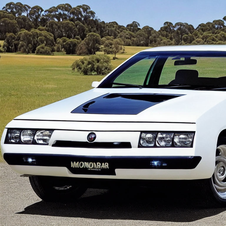 Vintage white car with black hood parked on grassy field, showcasing pop-up headlights and unique front grille