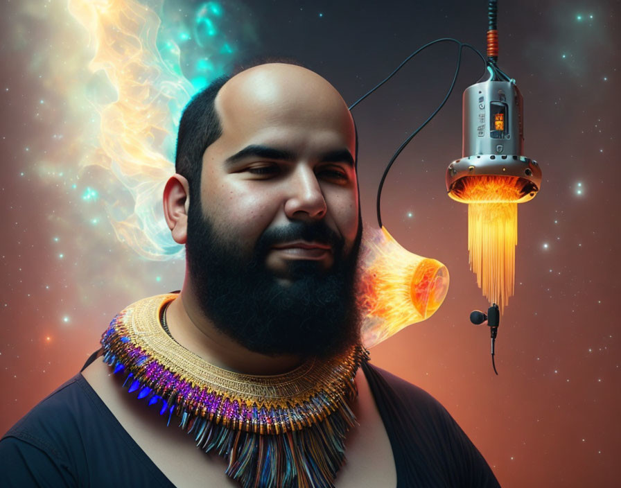 Bald Man with Beard in Futuristic Collar and Light-Emitting Device