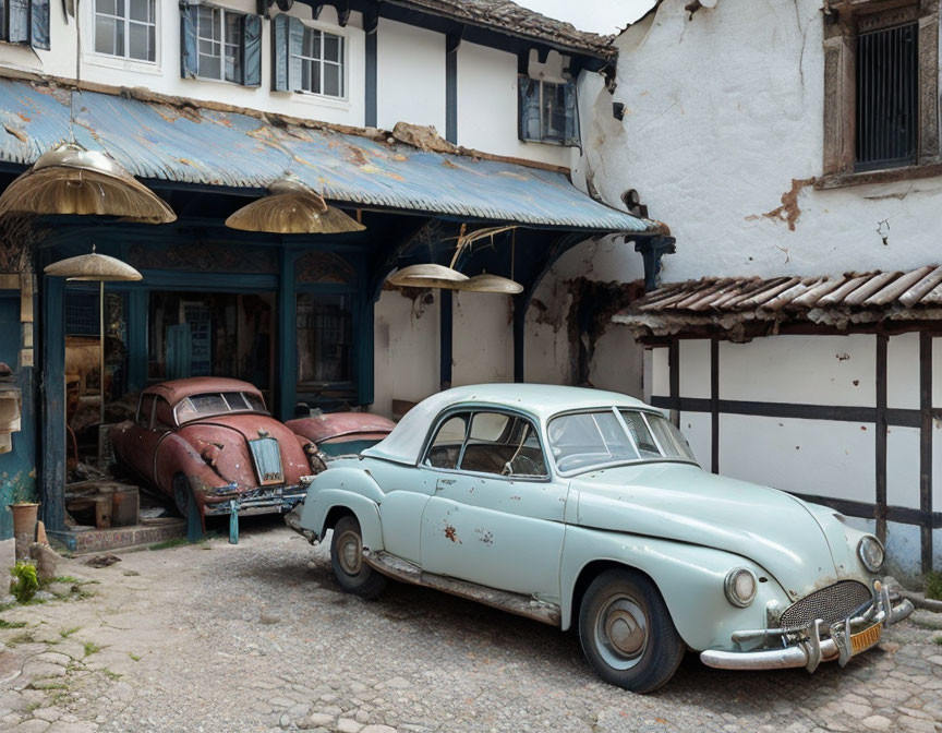 Classic cars in rustic courtyard with traditional facades & brass lamps