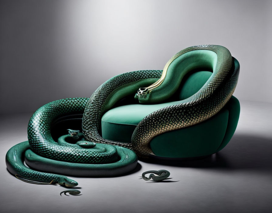 Green Snake-Themed Armchair with Serpent Design and Matching Cushion