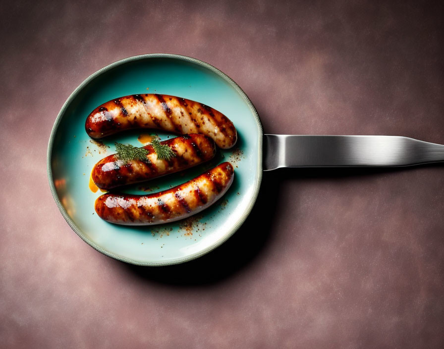 Grilled sausages with herbs in pan on maroon background