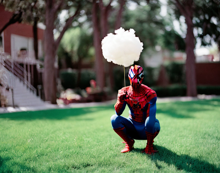 Person in Spider-Man costume with cloud thought bubble on grass