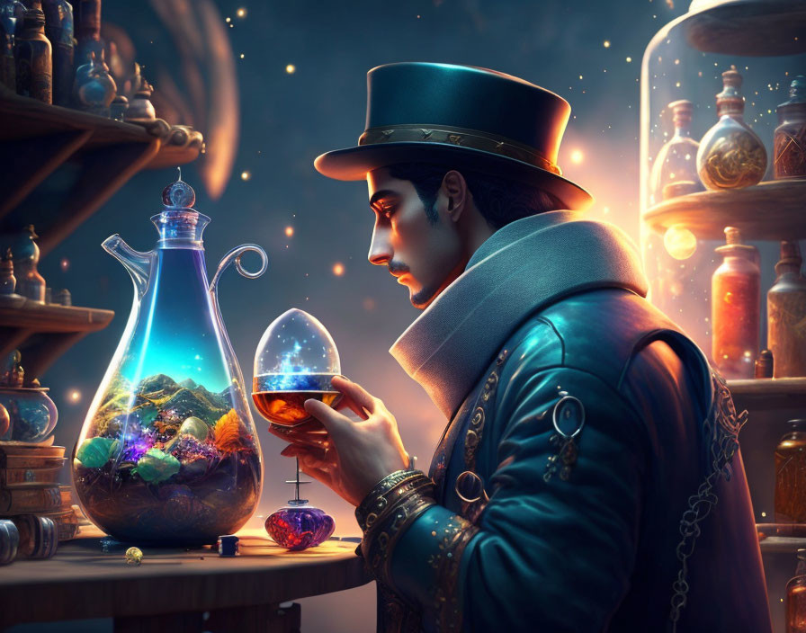 Sophisticated gentleman with top hat and magical crystals on potion shelf.