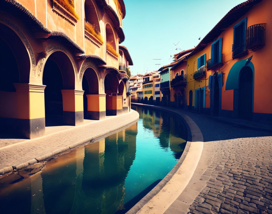 Vibrant canal with colorful buildings and arched doorways