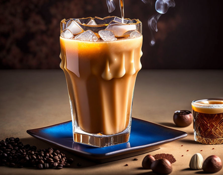 Iced Coffee with Cream, Coffee Beans, Cup, and Nuts on Blue Plate