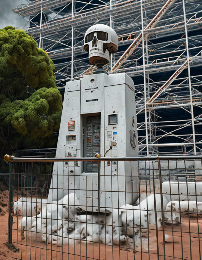 Metal robot sculpture behind fence with construction scaffolding.