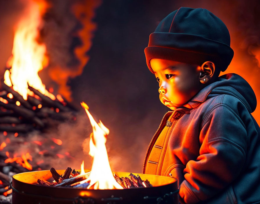 Young child in hat and jacket by glowing bonfire at night