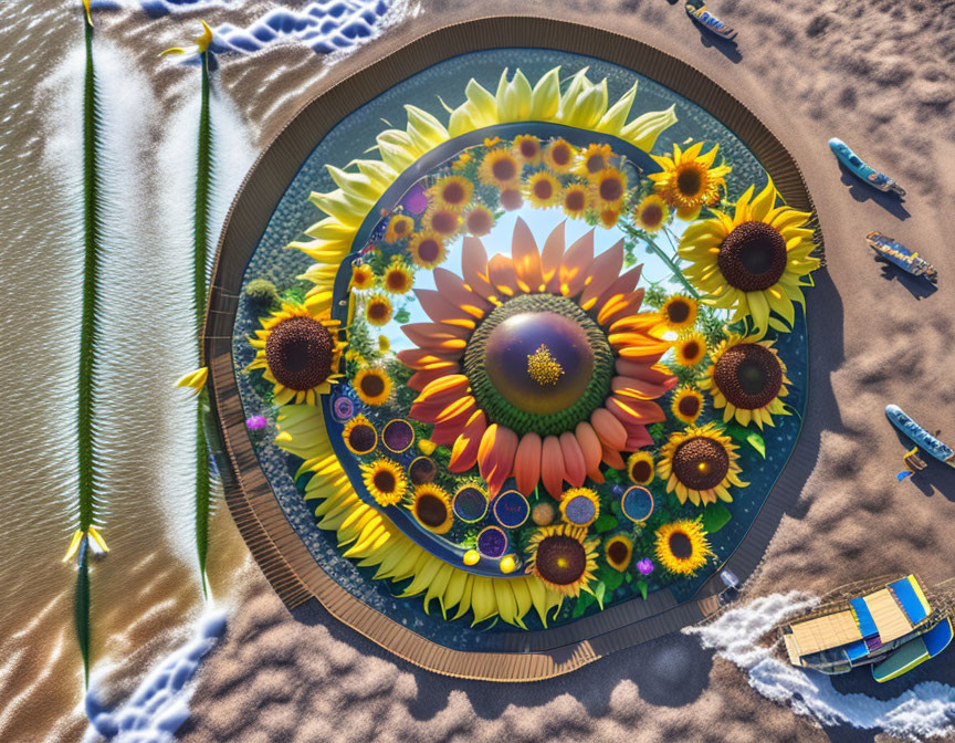 Beach with Sunflower-Shaped Installation and Boats