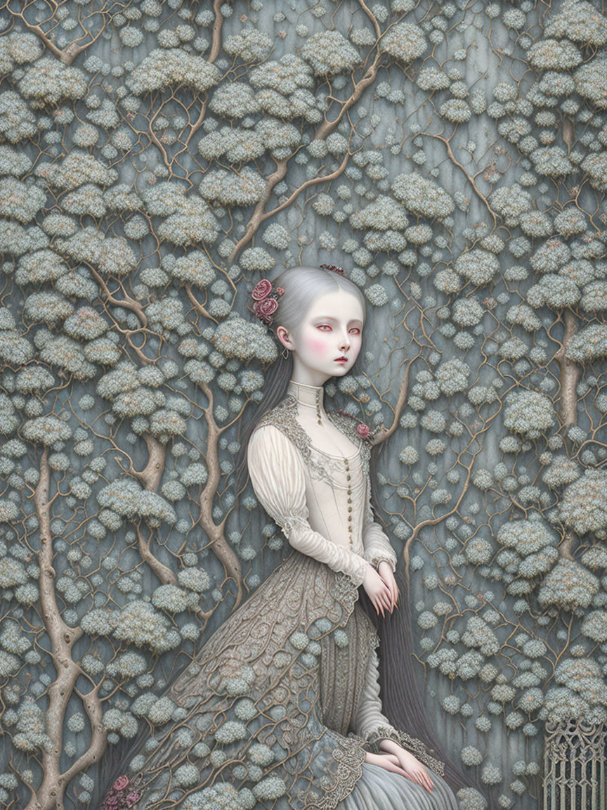 Pale woman in vintage dress surrounded by intricate tree branches and blossoms