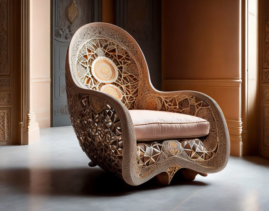 Luxurious intricate wooden armchair with plush beige cushion in elegant interior setting