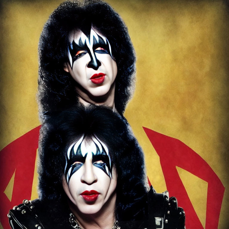 Black and white KISS-inspired face paint on two people against yellow backdrop with red logo