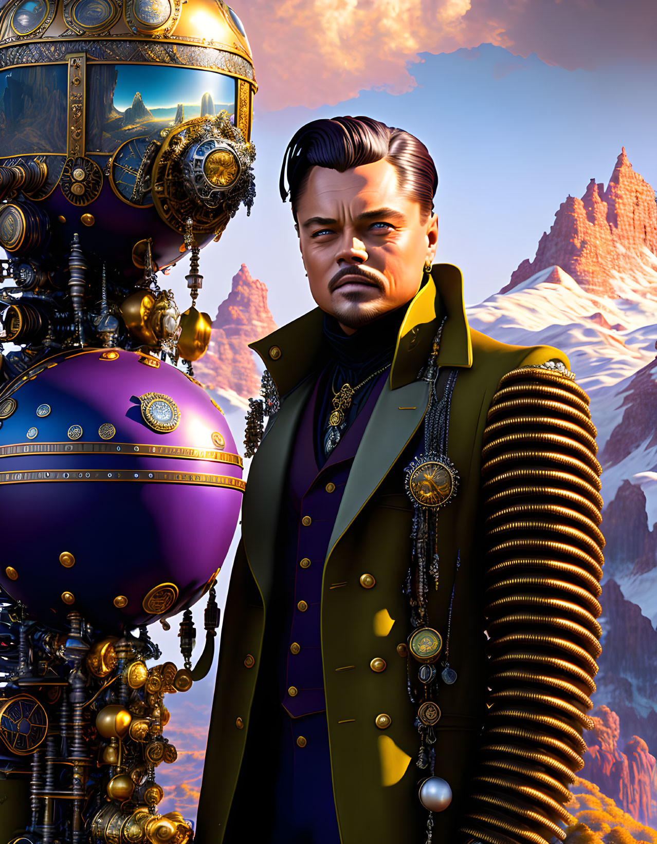 Futuristic digital art: man in yellow coat with mechanical sphere and mountains