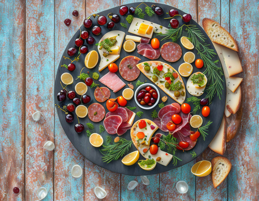 Assorted meats, cheeses, bread, herbs, and fruits on round charcuterie board