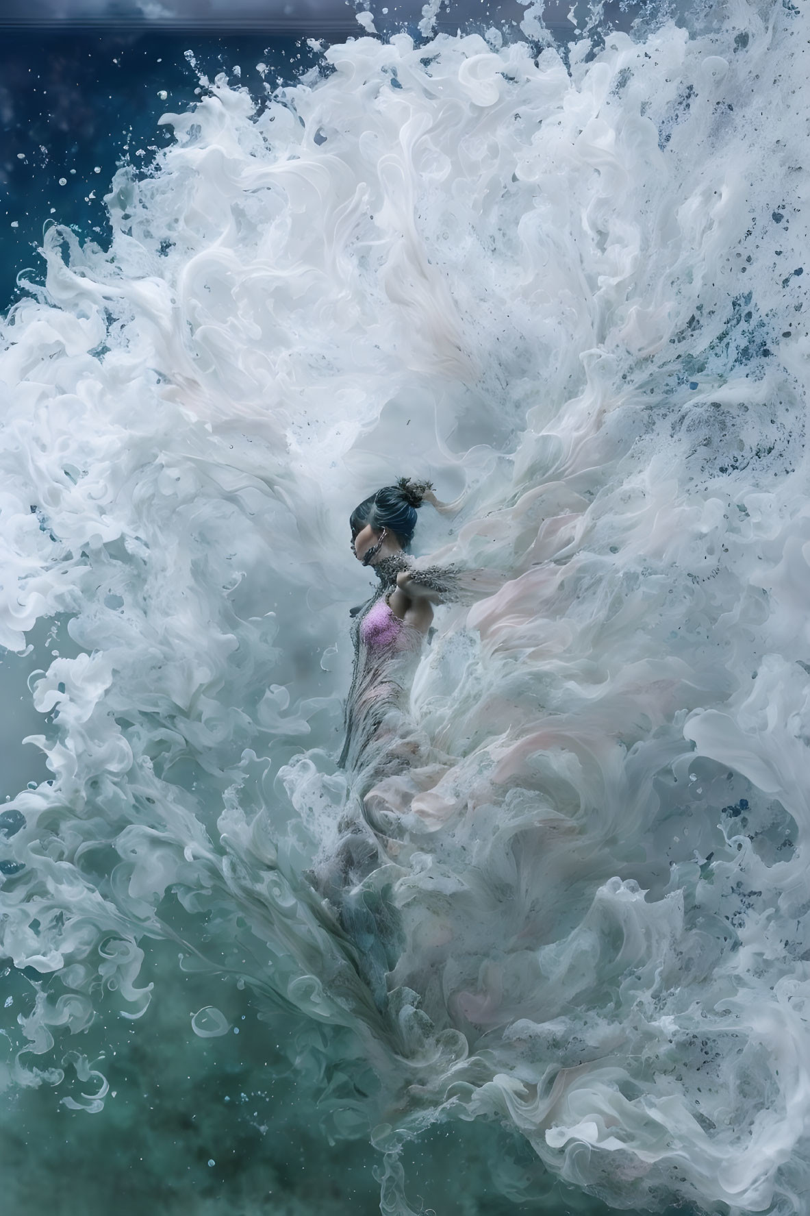 Woman Submerged in Water Surrounded by Swirling White Fabric