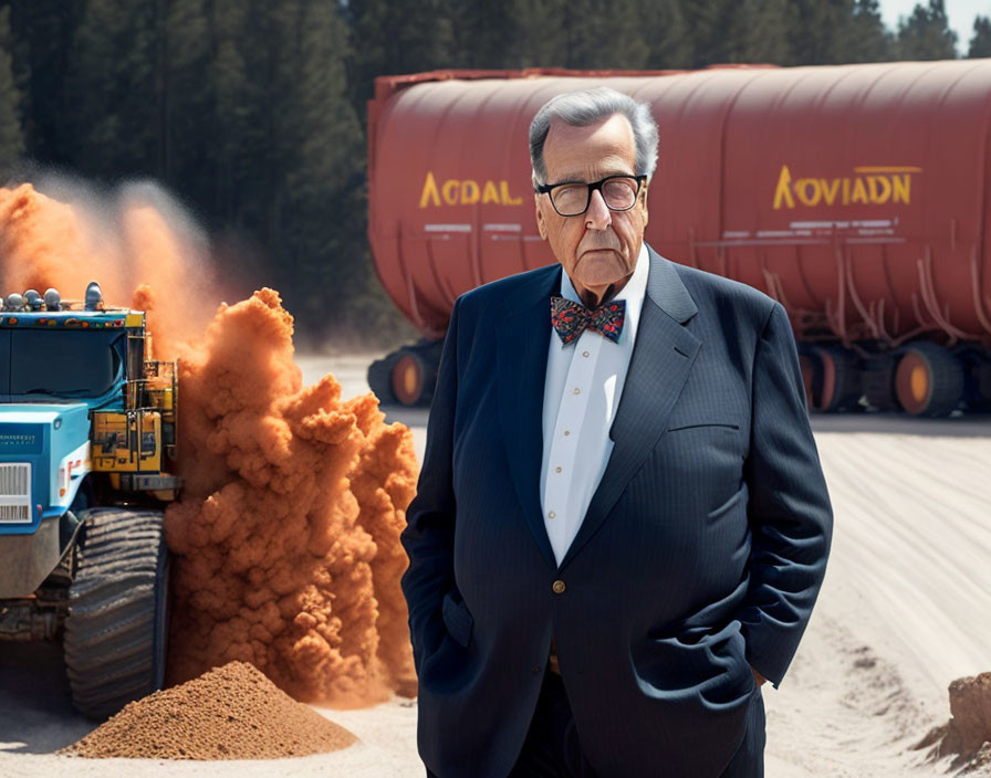 Confident man in bow tie against industrial backdrop