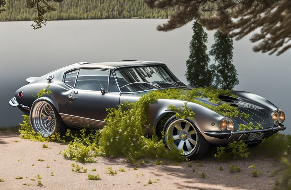 Vintage car with two-tone paint and spoked wheels near lake and green foliage