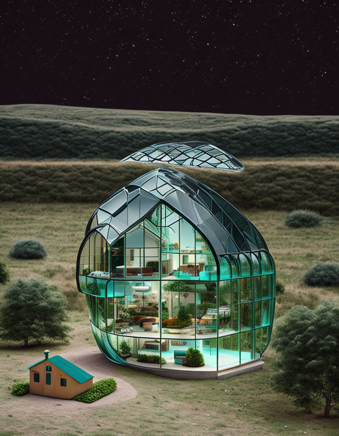 Glass-domed multi-story building at night in futuristic setting with green landscape, shed, and starry