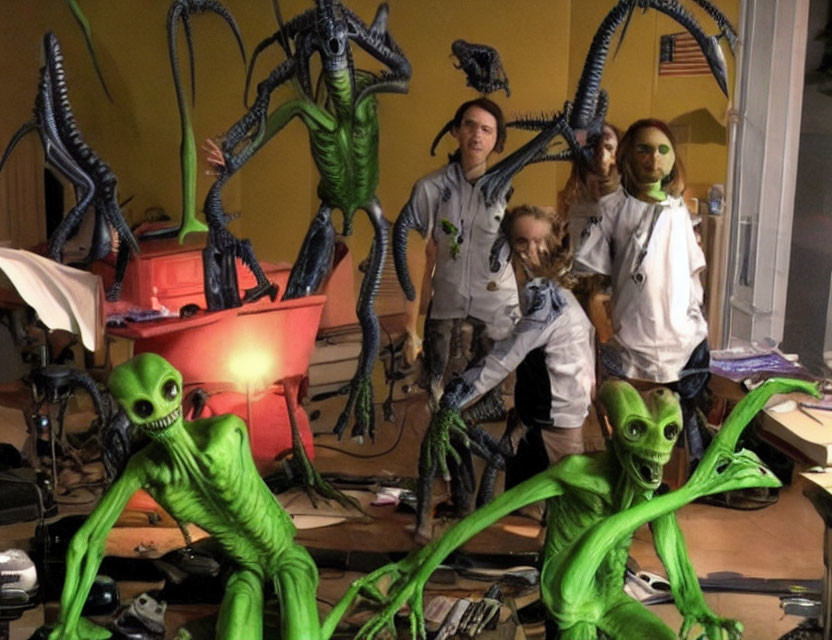 Slender alien figures with large eyes in chaotic room with scientists