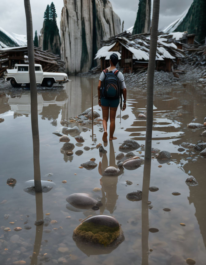 Hiker crossing stepping stones in water near rock formation