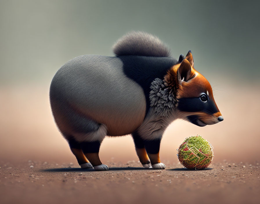 Chubby squirrel-fox hybrid with bushy tail and moss ball gaze