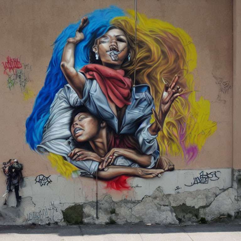 Colorful street art mural of two people with flowing hair on urban wall