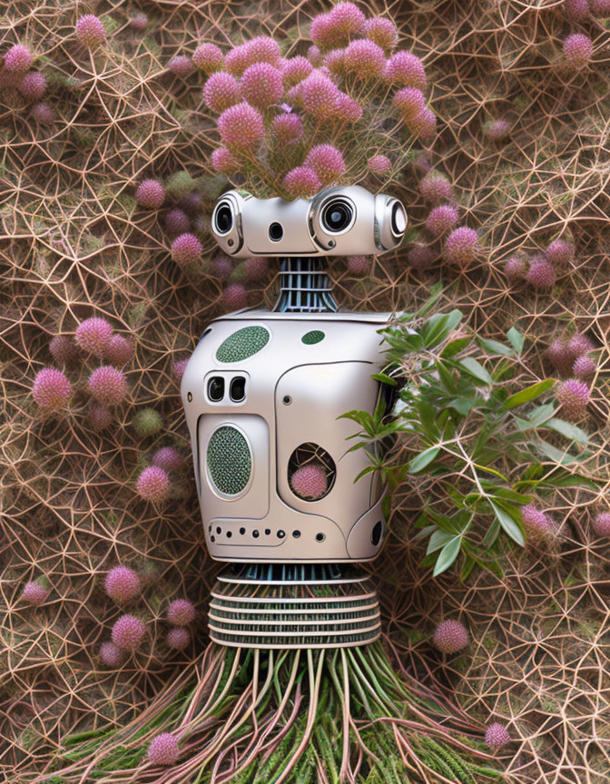 Whimsical robot with vase body and plants in geometric setting