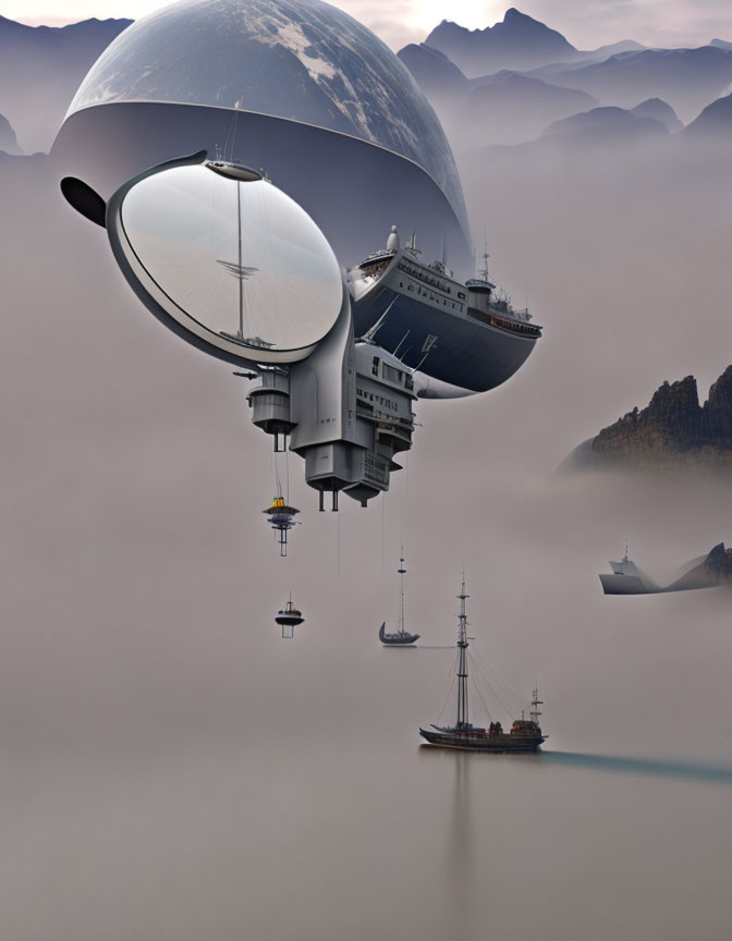 Fantastical airship with mirrored dome hovers above clouds