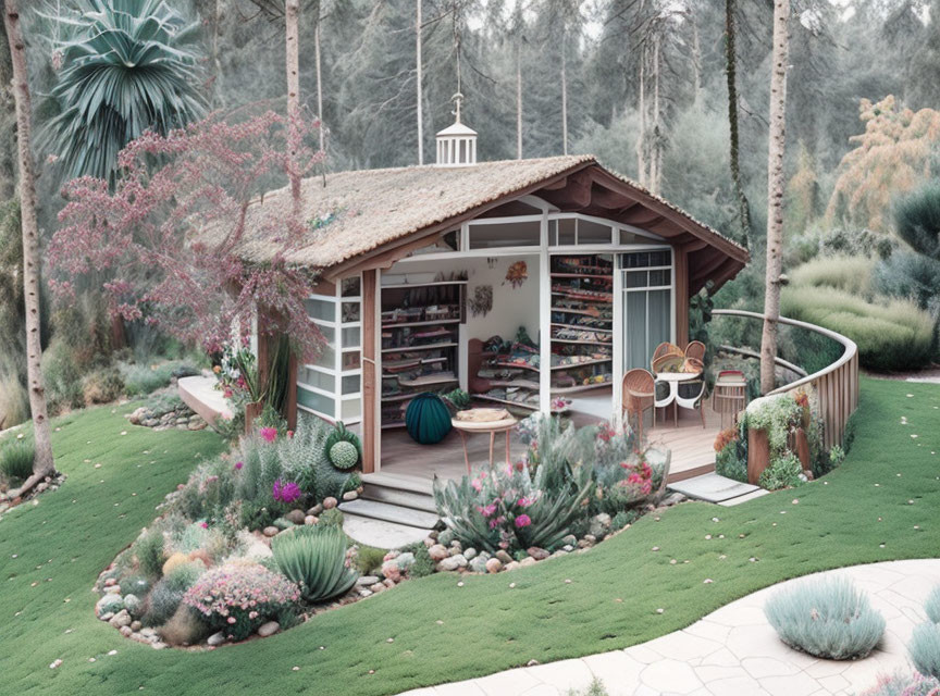 Curved facade garden shed in lush garden with wooden deck