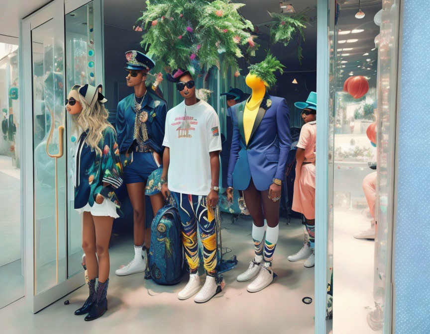 Mannequins in bird headpieces and stylish outfits in trendy shop window