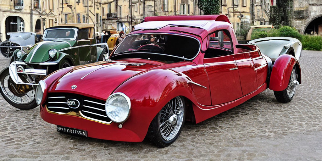 Classic Red Custom Car with Large Grill at Outdoor Car Show