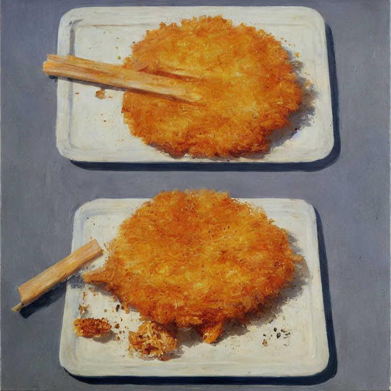 Crispy fried chicken on square plates with chopsticks, one bitten, on grey surface