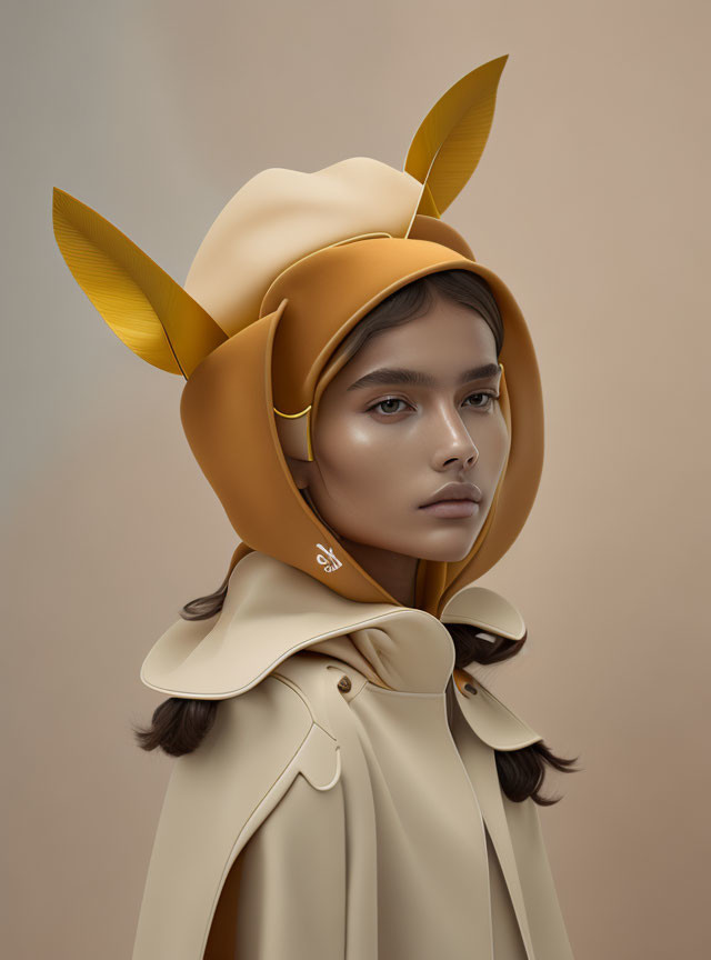 Digital portrait of woman in fox ear hat and beige cloak on neutral background