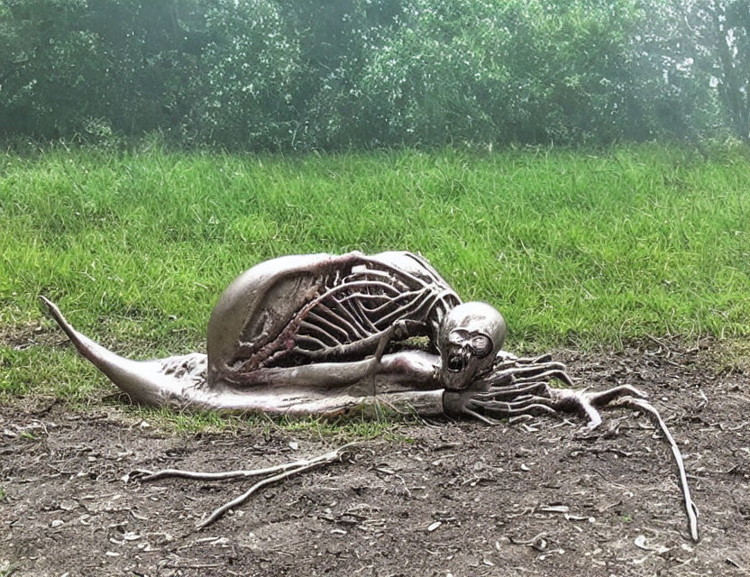 Skeletal creature sculpture with human skull and tentacles on grass