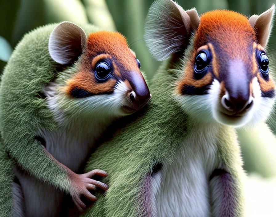 Two squirrel-like creatures with large eyes nestled together in greenery