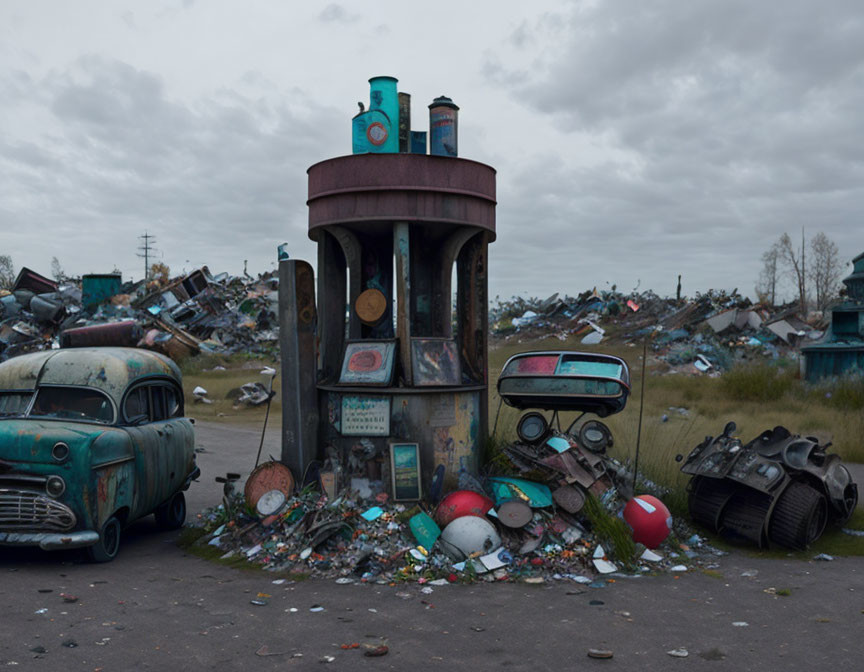 Vintage gas pump in decrepit junkyard under overcast sky