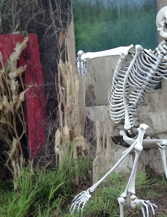 Skeleton Model Escaping Broken Window in Overgrown Setting